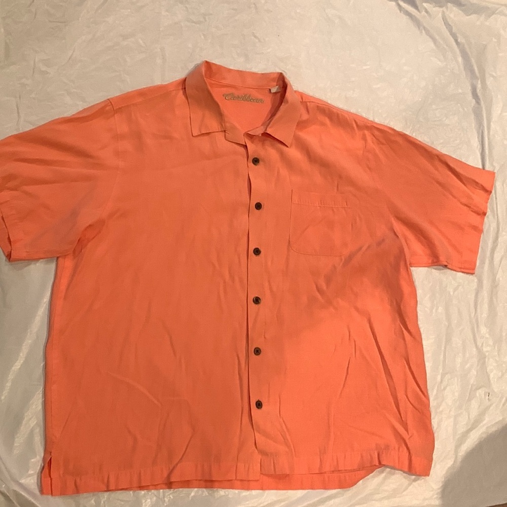 Caribbean Men’s Short Sleeve Button Up Orange Hawaiian Shirt XL
